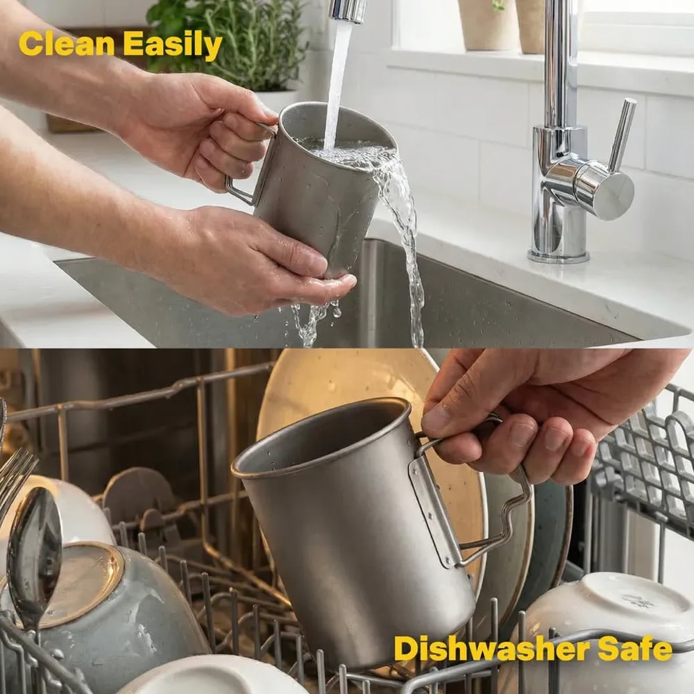 Rinsing a titanium camping cup under the tap