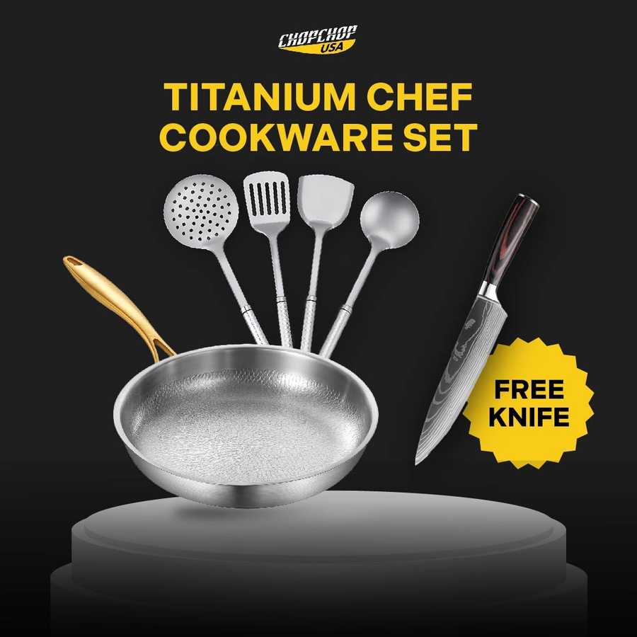 ChopChop USA titanium chef cookware set: titanium pan pro, 4 titanium utensils and a free knife