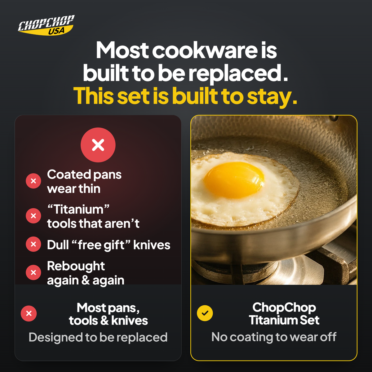 ChopChop titanium chef cookware set compared with ordinary alternatives: Most cookware is built to be replaced. This set is built to stay