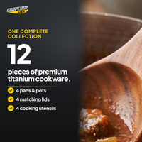 12 pieces: 4 pans and pots, 4 lids, 4 utensils – ChopChop titanium cookware set