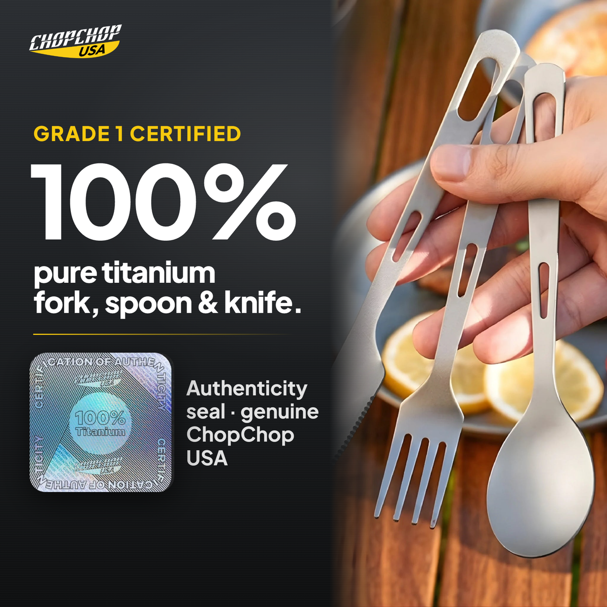100% pure grade 1 titanium fork, spoon and knife – ChopChop titanium cutlery set