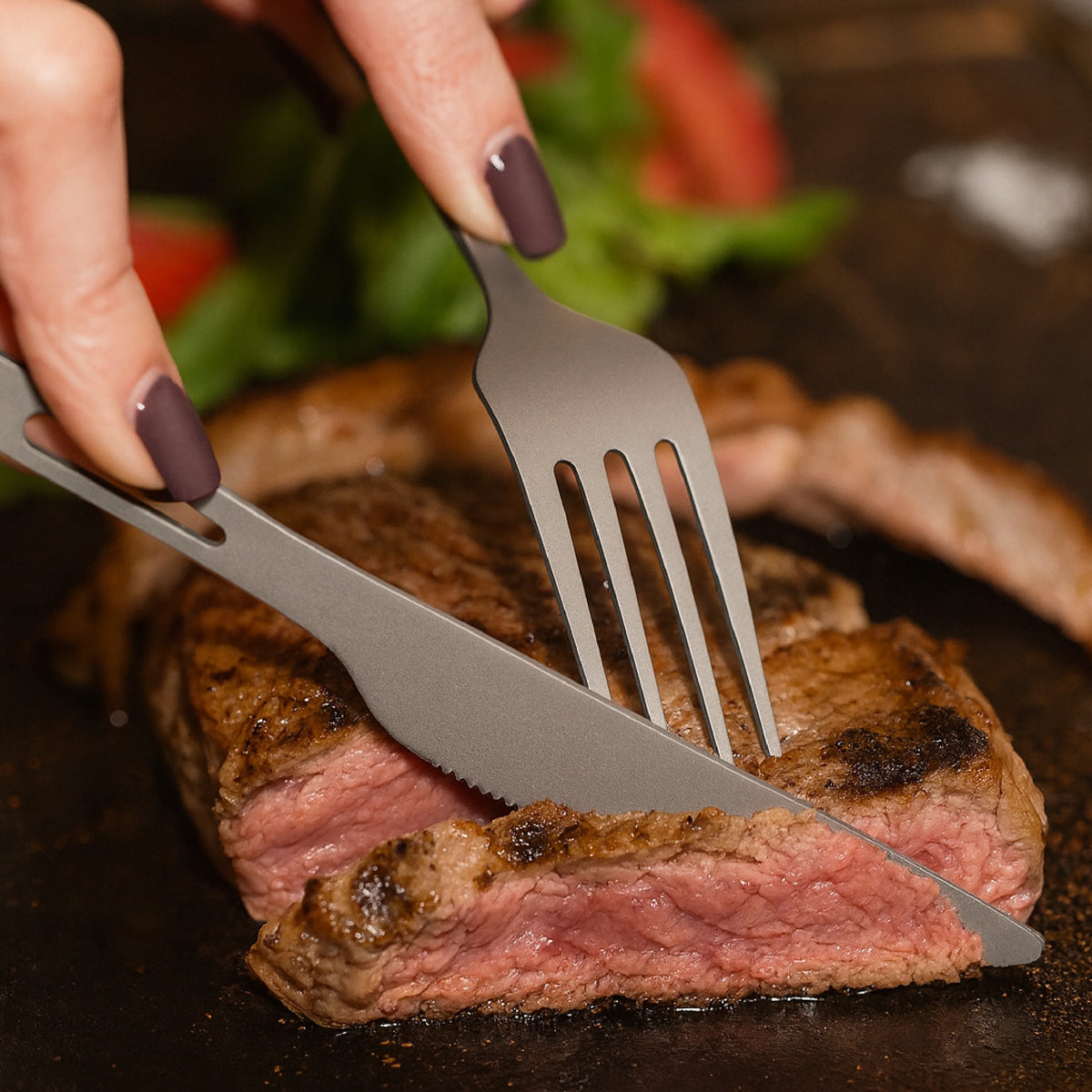 Steak served with ChopChop USA titanium fork and knife