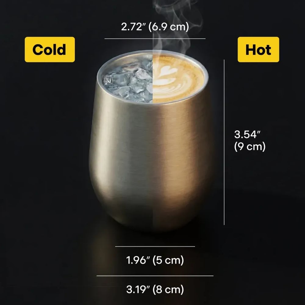 Titanium double wall cup with hot and cold drink, dimensions shown