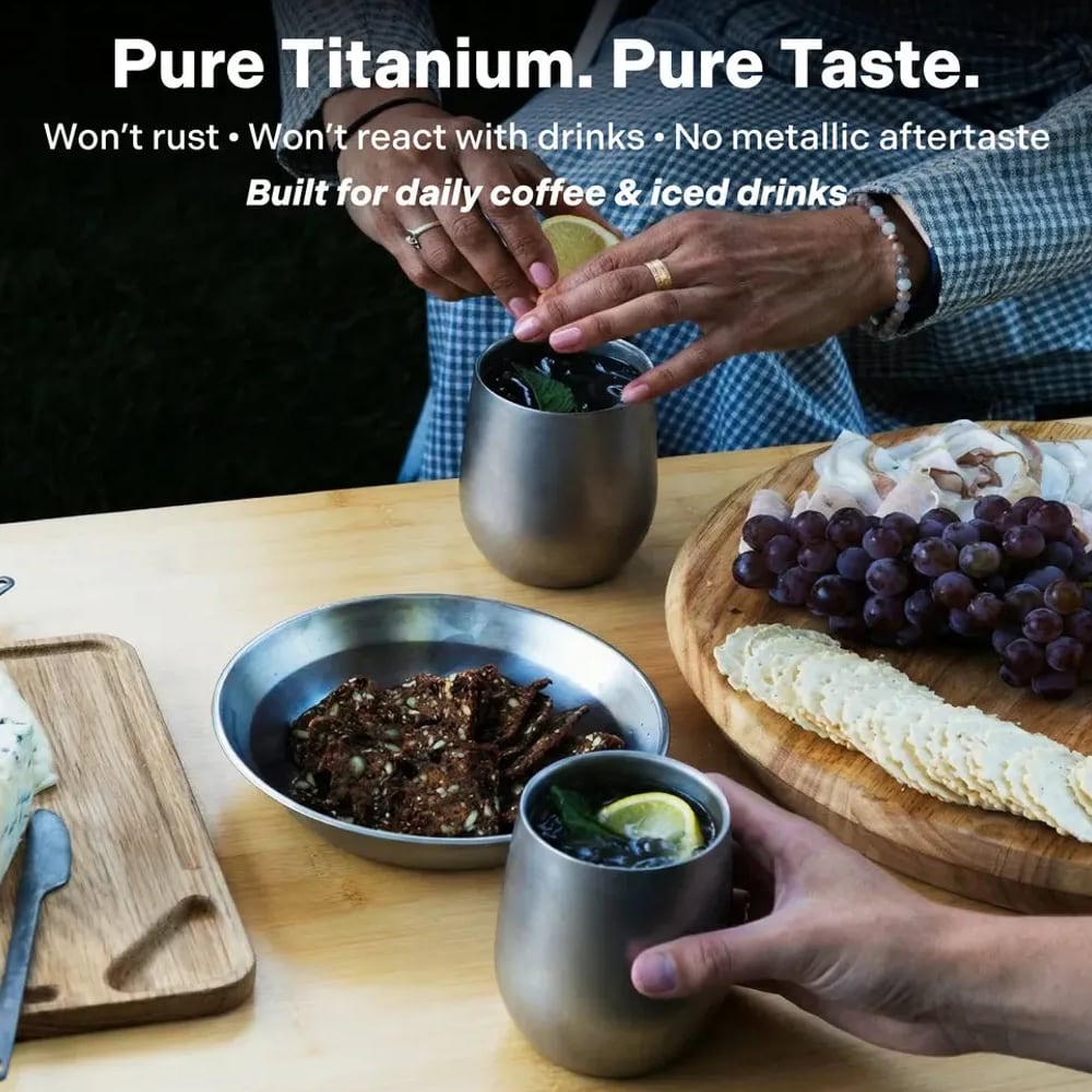 Titanium double wall cups with iced drinks on a dinner table