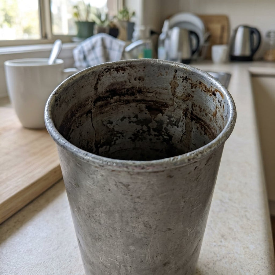 Aluminum cup with oxidation and coffee stains inside