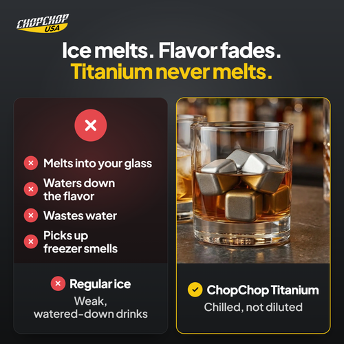 ChopChop titanium ice cubes compared with ordinary alternatives: Ice melts. Flavor fades. Titanium never melts