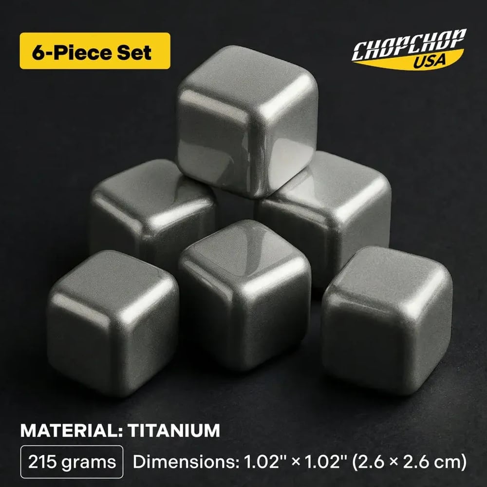 6-piece titanium ice cube set with material and dimensions