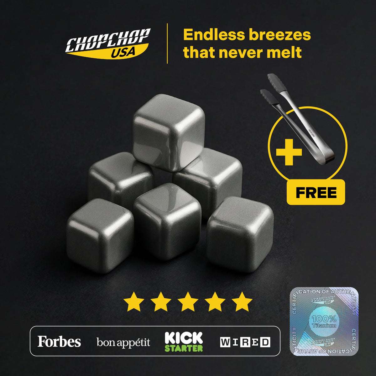 ChopChop USA titanium ice cubes with free ice tongs