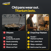ChopChop titanium frying pan compared with ordinary alternatives: Old pans wear out. Titanium lasts