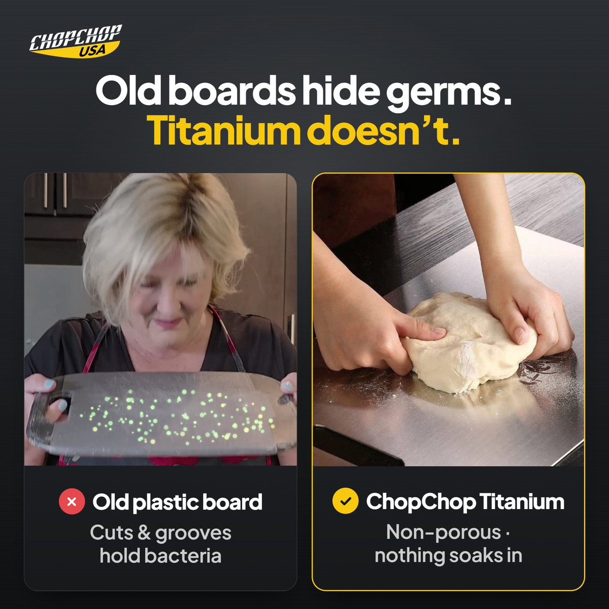 ChopChop titanium cutting board compared with ordinary alternatives: Old boards hide germs. Titanium doesn’t