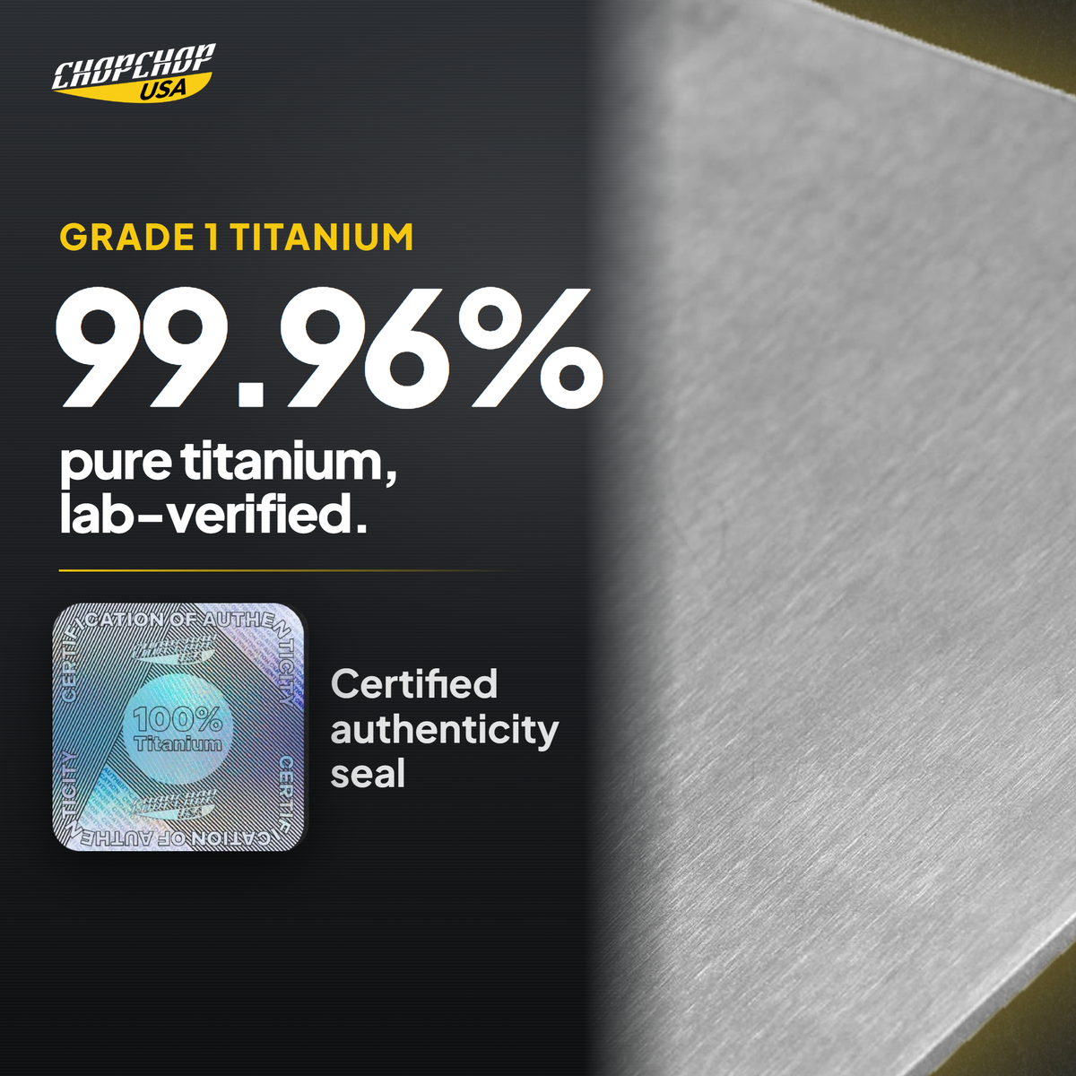 99.96% pure grade 1 titanium, lab-verified – ChopChop titanium cutting board