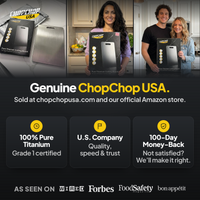 Genuine ChopChop USA titanium cutting board, sold at chopchopusa.com and our official Amazon store, with 100-day money-back guarantee