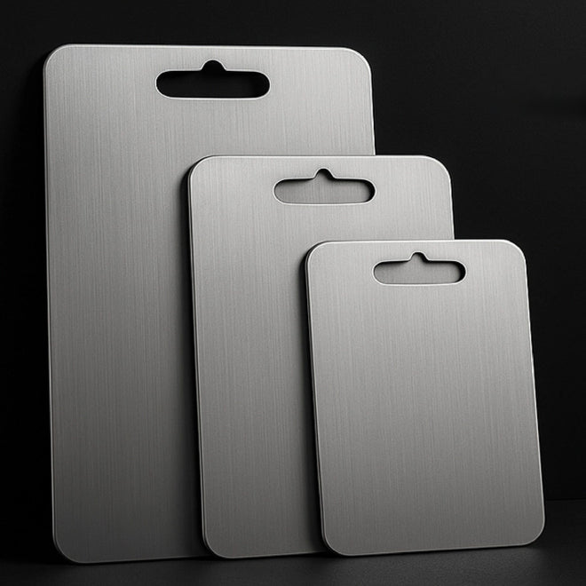 Three ChopChop USA titanium cutting boards in small, medium and large sizes