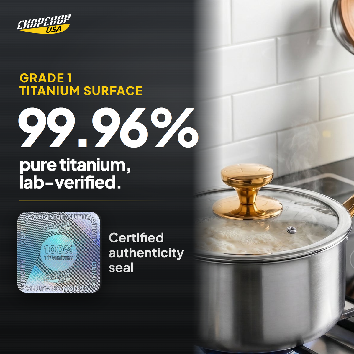 99.96% pure grade 1 titanium surface, lab-verified – ChopChop titanium saucepan