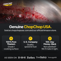 Genuine ChopChop USA titanium saucepan, sold at chopchopusa.com and our official Amazon store, with 100-day money-back guarantee