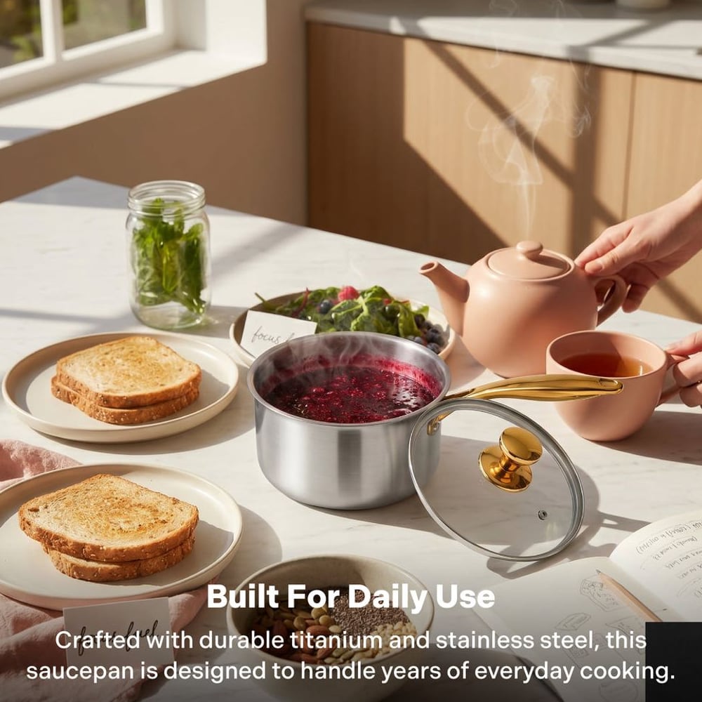 Titanium saucepan on a breakfast table, built for daily use
