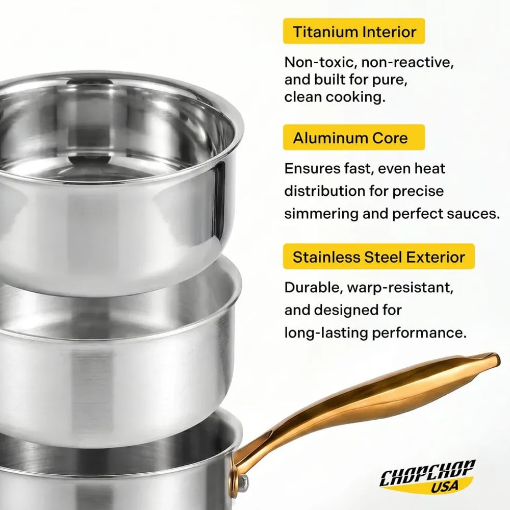Three layers of the titanium saucepan: titanium interior, aluminum core, stainless steel exterior