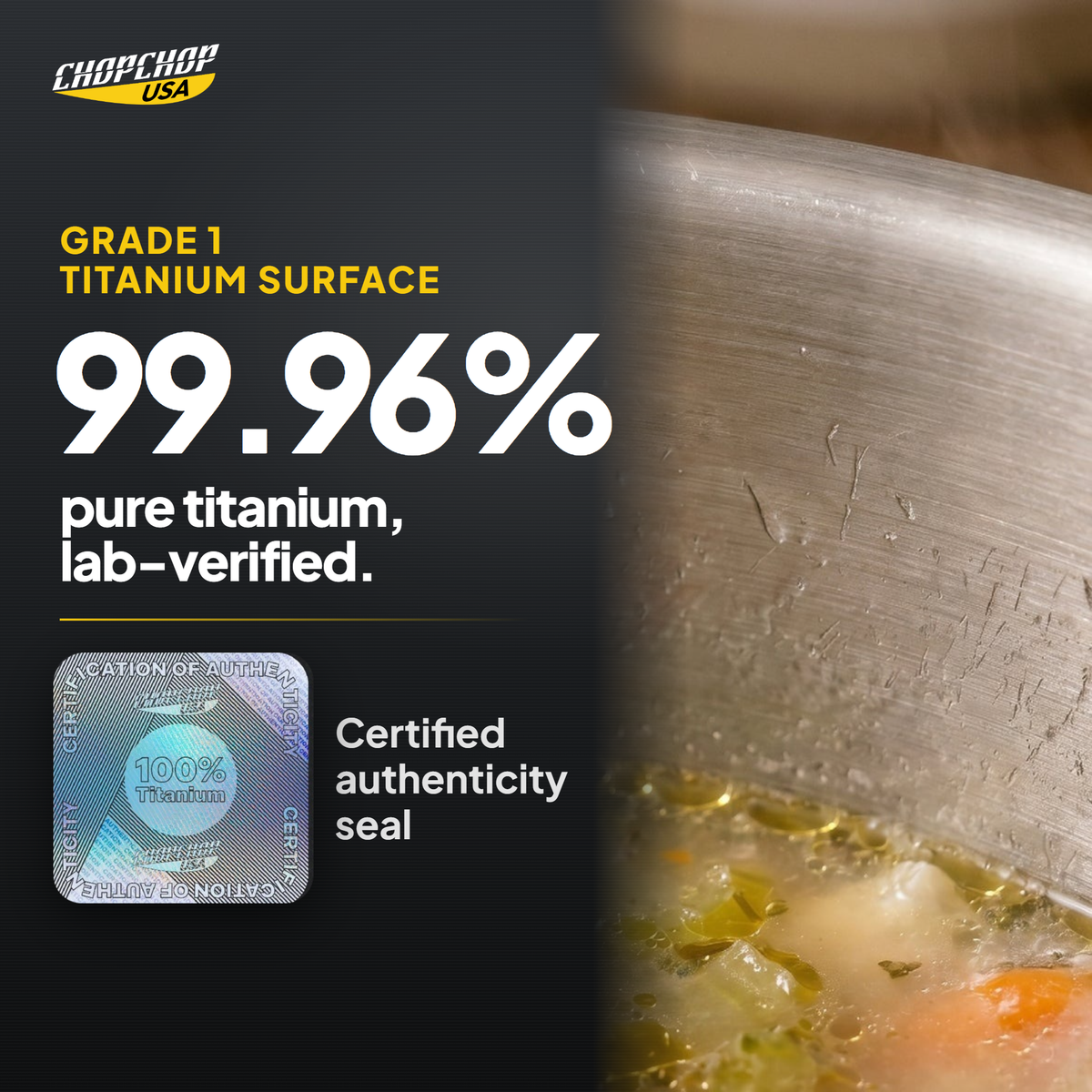 99.96% pure grade 1 titanium surface, lab-verified – ChopChop titanium stock pot