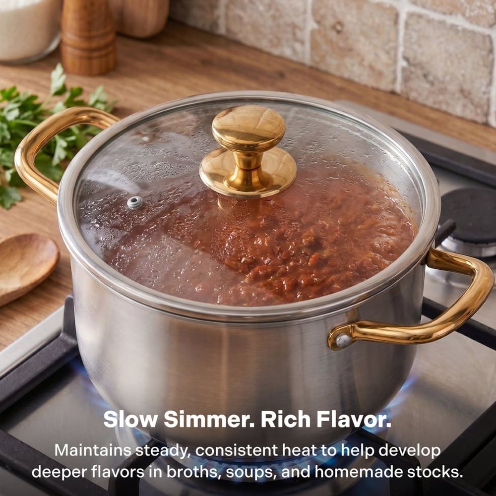 Titanium stock pot with glass lid simmering a rich broth