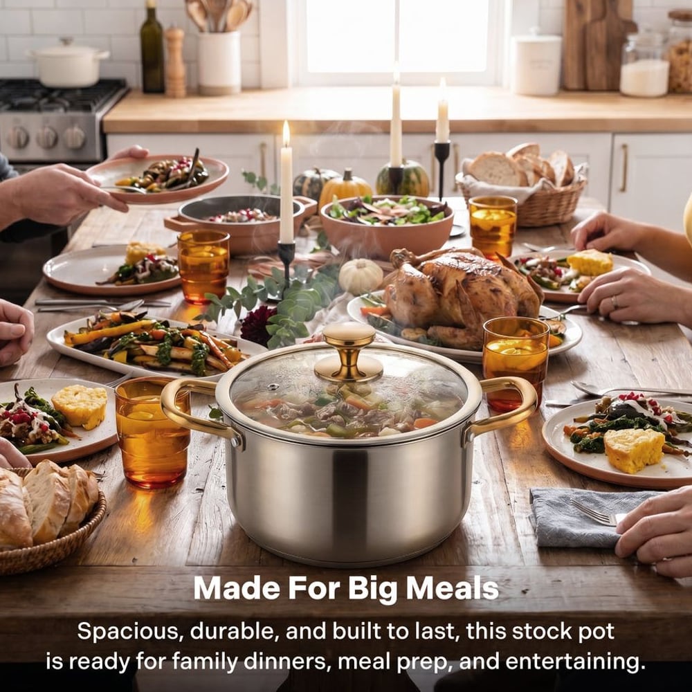 Titanium stock pot on a family dinner table