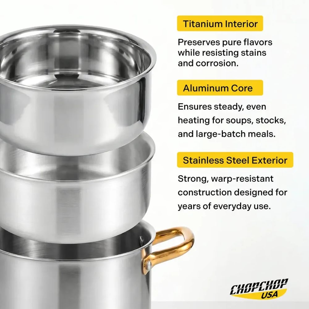 Three layers of the titanium stock pot: titanium interior, aluminum core, stainless steel exterior