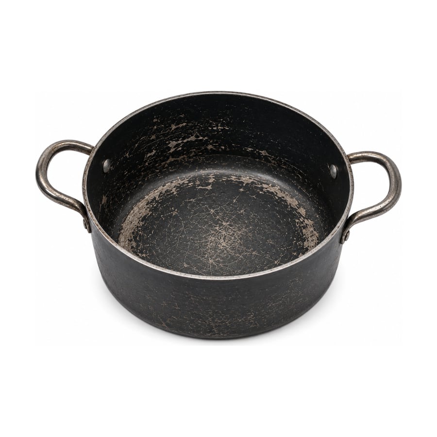 Old nonstick stock pot with a worn coating