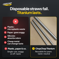 ChopChop titanium straws compared with ordinary alternatives: Disposable straws fail. Titanium lasts