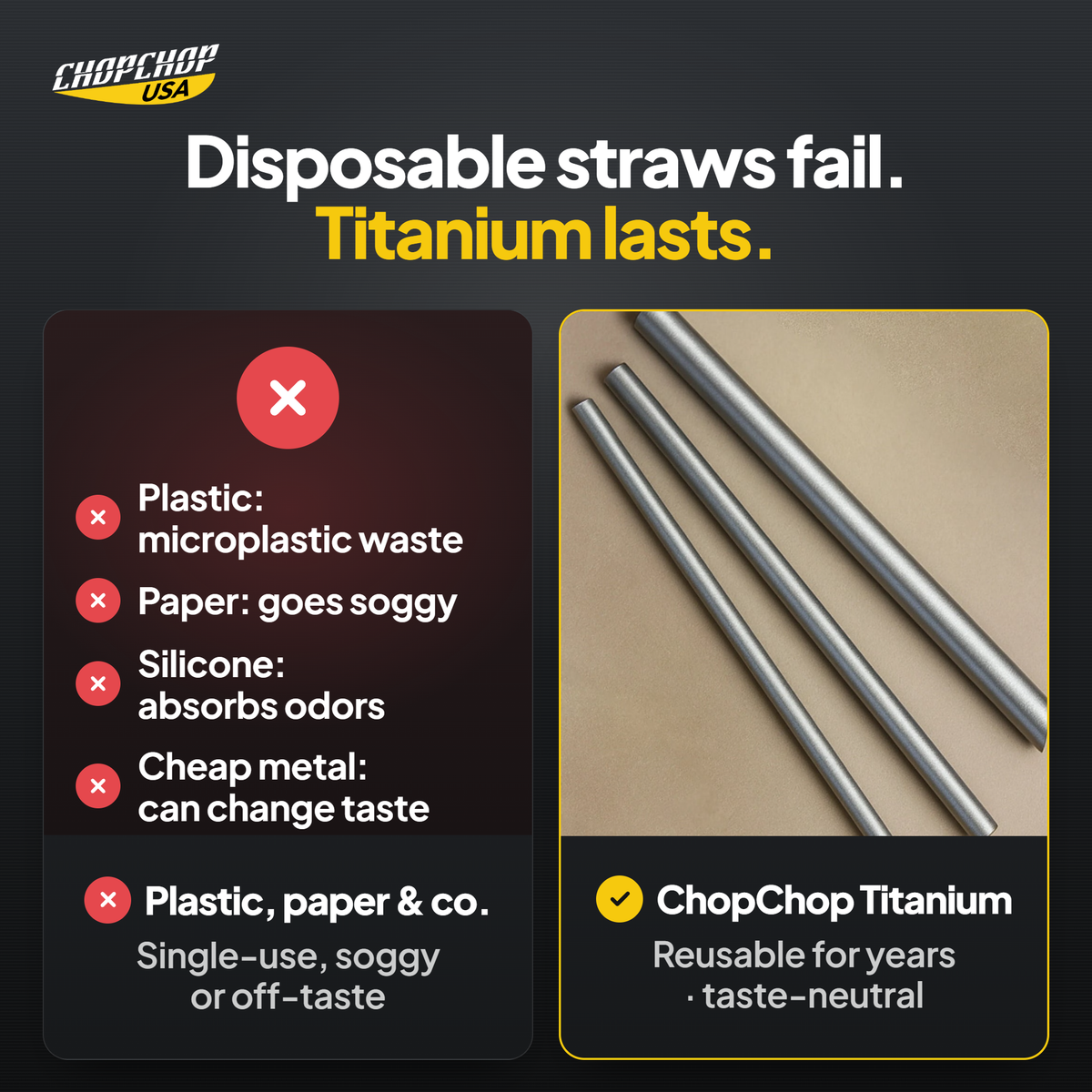 ChopChop titanium straws compared with ordinary alternatives: Disposable straws fail. Titanium lasts