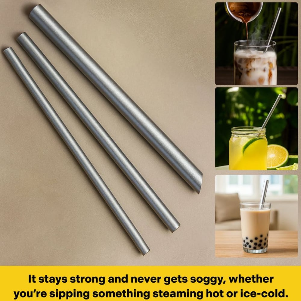 Titanium straws with iced coffee, lemonade and bubble tea