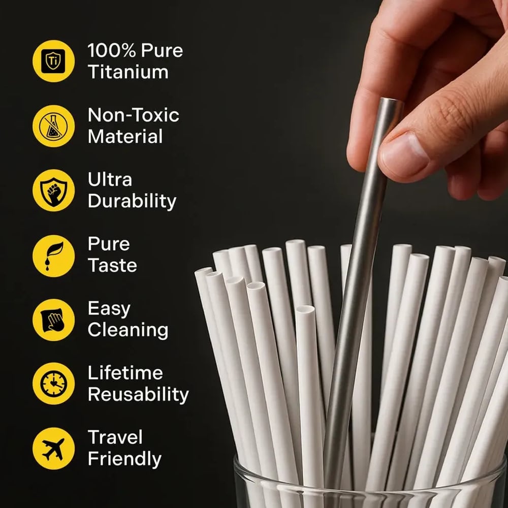 Titanium straw held above a cup of paper straws