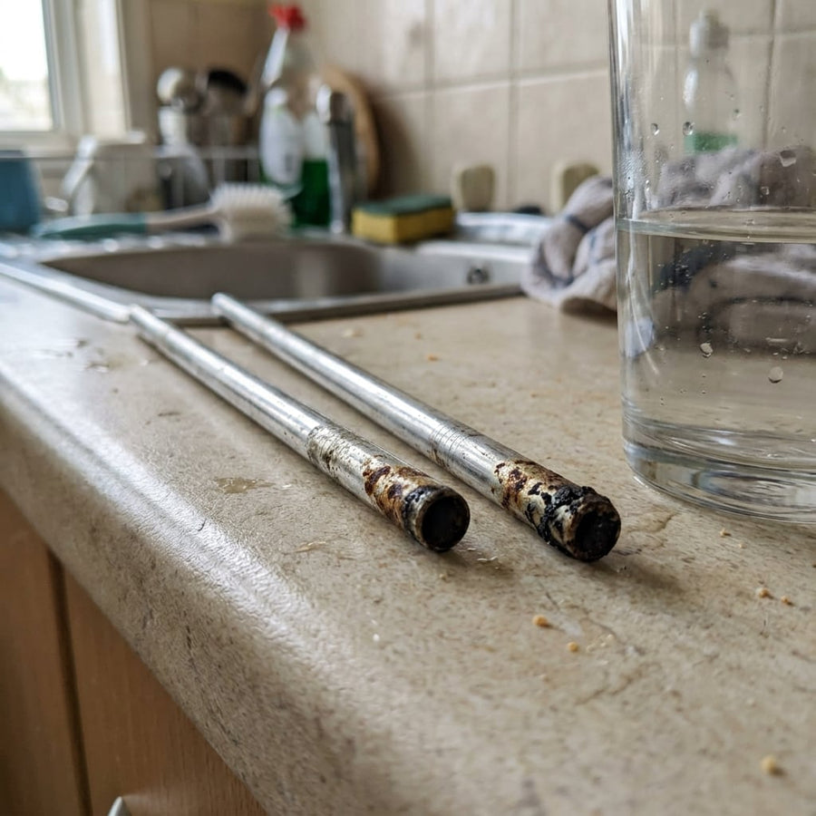 Cheap metal drinking straws with rust spots and residue at the ends