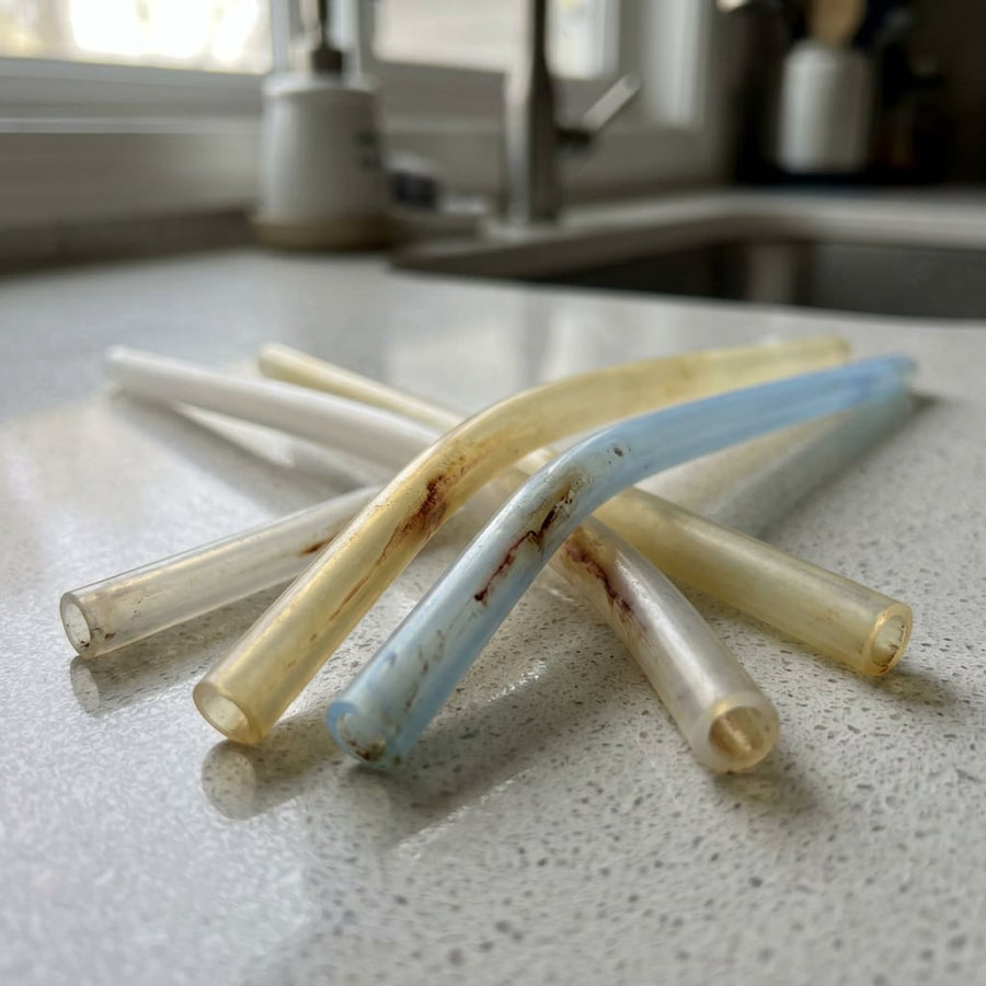 Discoloured reusable silicone straws with stains inside